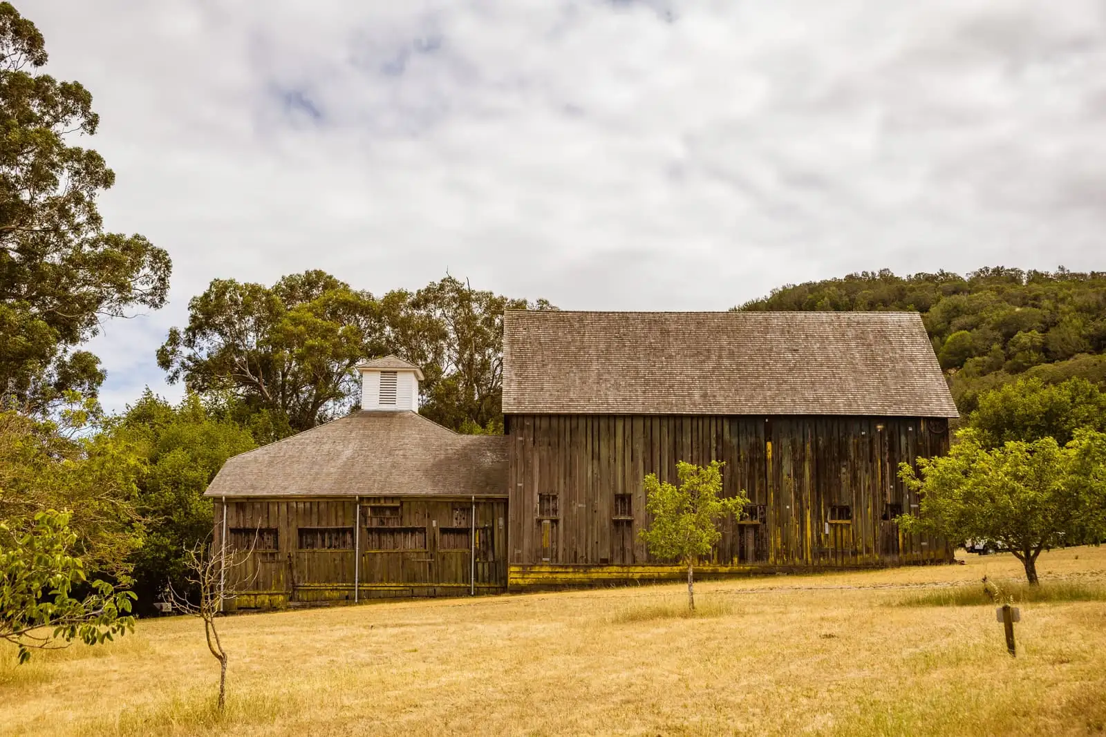 A wooden barn in a grass field with trees behind it, the kind of farm tract our clients sell at auction.