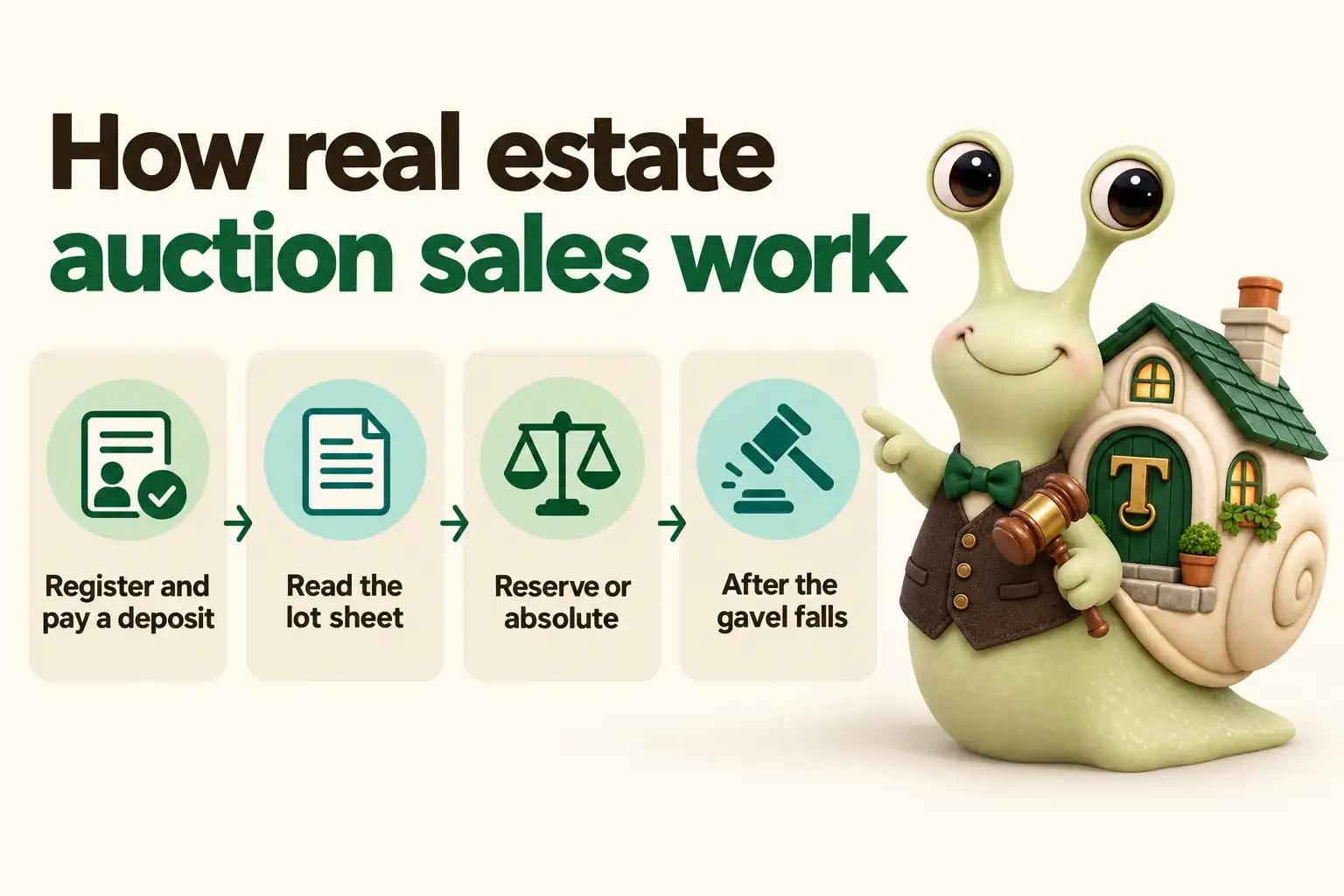 Infographic with Tuppence the snail, our mascot: How real estate auction sales work. Register and pay a deposit; Read the lot sheet; Reserve or absolute; After the gavel falls.