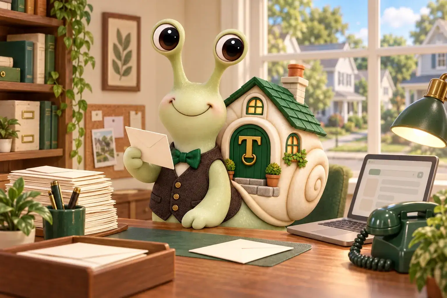 Tuppence the snail, our mascot, at an office desk reading a letter beside a stack of envelopes, a desk phone and a laptop.
