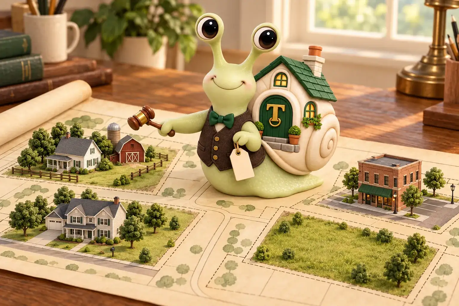 Tuppence the snail, our mascot, on a large survey plat map pointing a tiny gavel at small models of a farmhouse, a suburban house, a brick commercial building and an open field parcel.
