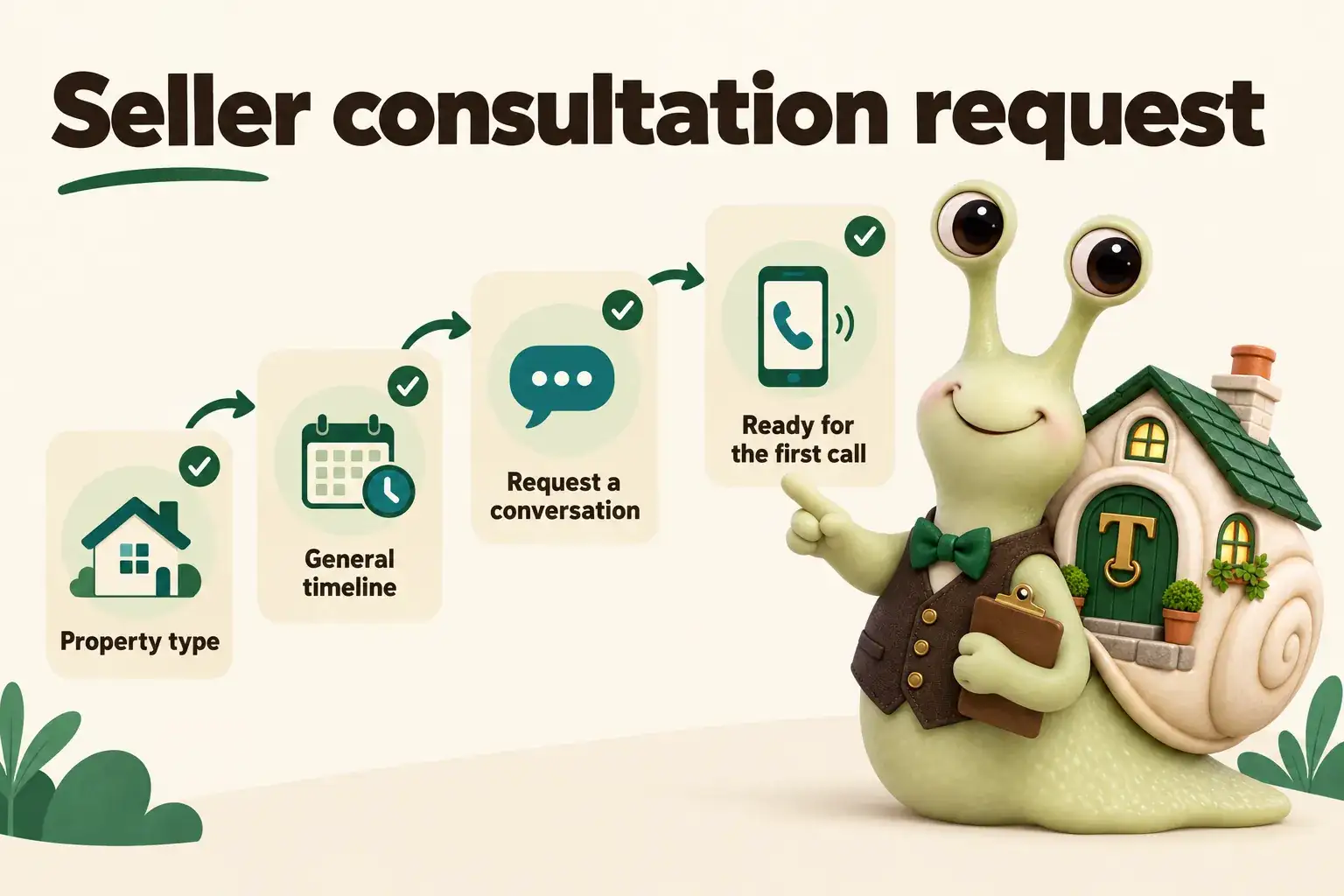 Infographic with Tuppence the snail, our mascot: Seller consultation request. Property type; General timeline; Request a conversation; Ready for the first call.