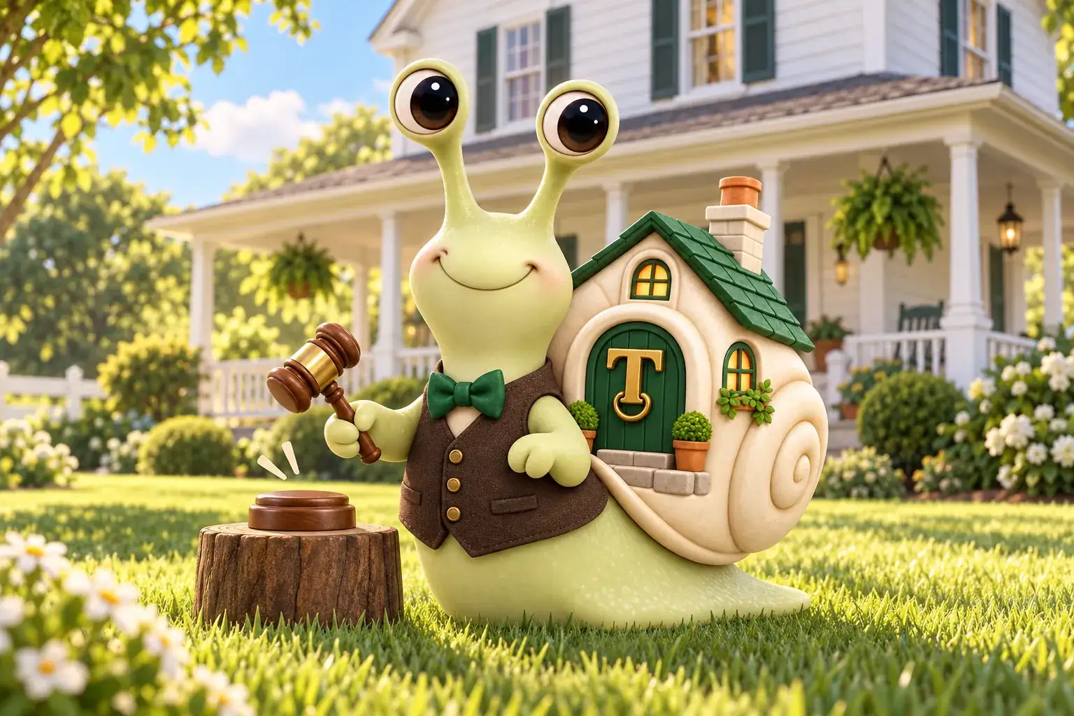 Tuppence the snail, our mascot, on the front lawn of a white farmhouse with a wraparound porch, tapping a tiny gavel on a small wooden stand.