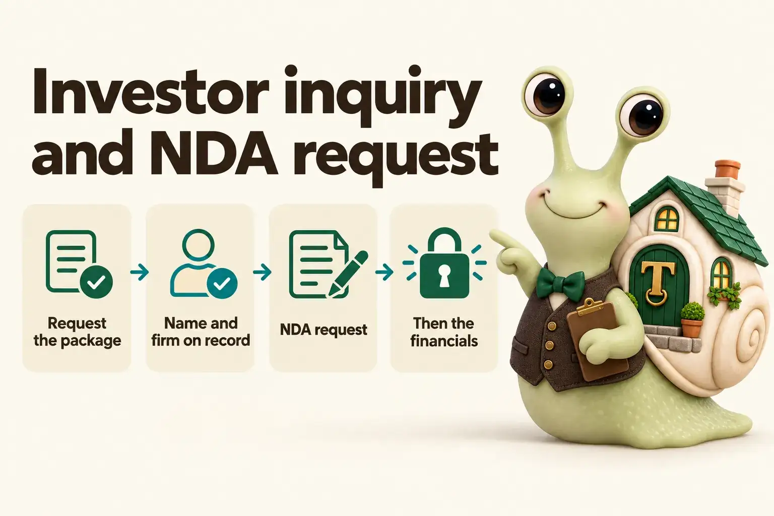 Infographic with Tuppence the snail, our mascot: Investor inquiry and NDA request. Request the package; Name and firm on record; NDA request; Then the financials.