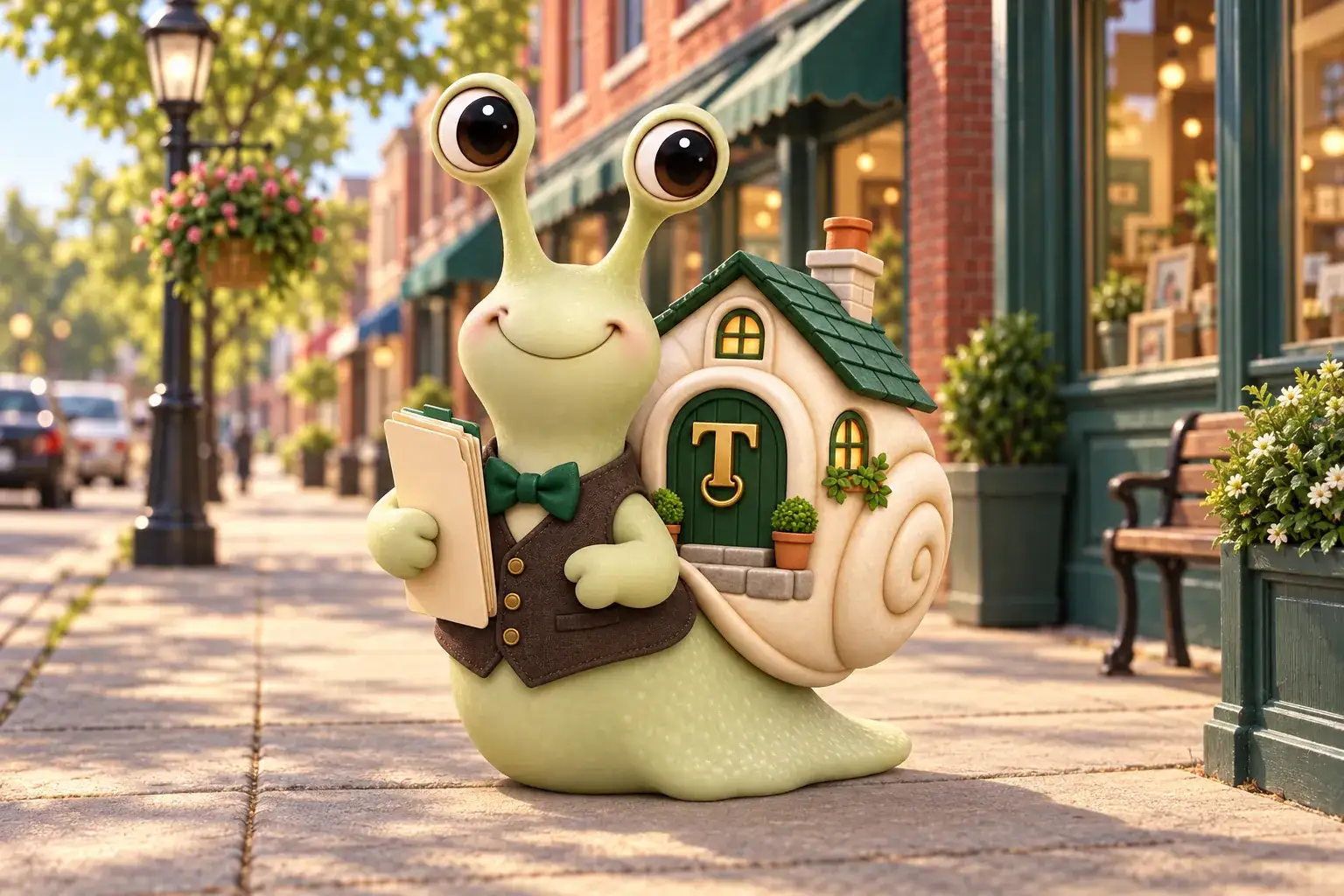 Tuppence the snail, our mascot, on a small-town main street in front of a two-story brick commercial building, holding a document folder.