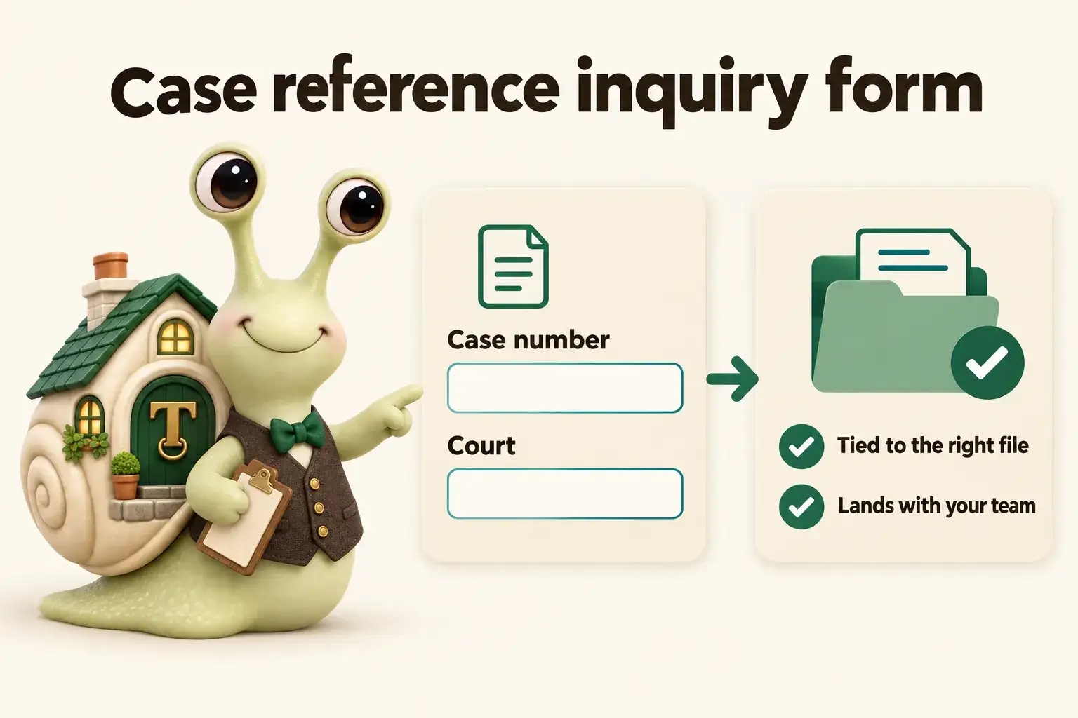 Infographic with Tuppence the snail, our mascot: Case reference inquiry form. Case number; Court; Tied to the right file; Lands with your team.