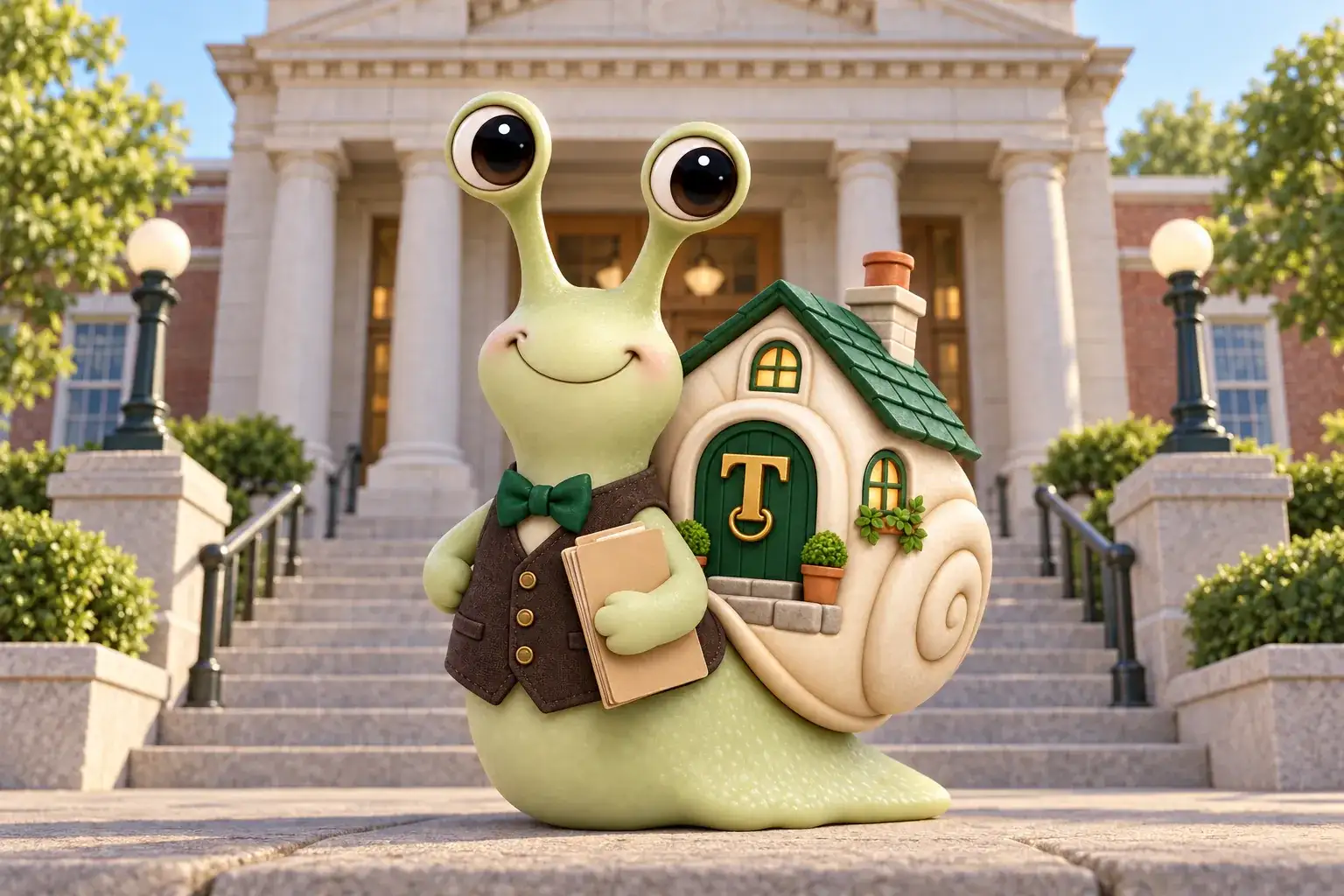 Tuppence the snail, our mascot, at the foot of the stone steps of a county courthouse, holding a case folder.