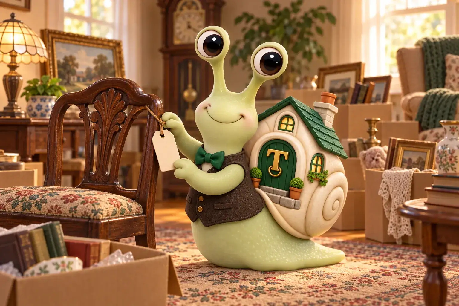Tuppence the snail, our mascot, in the living room of an older family home being prepared for an estate sale, placing a blank tag on an antique wooden chair.