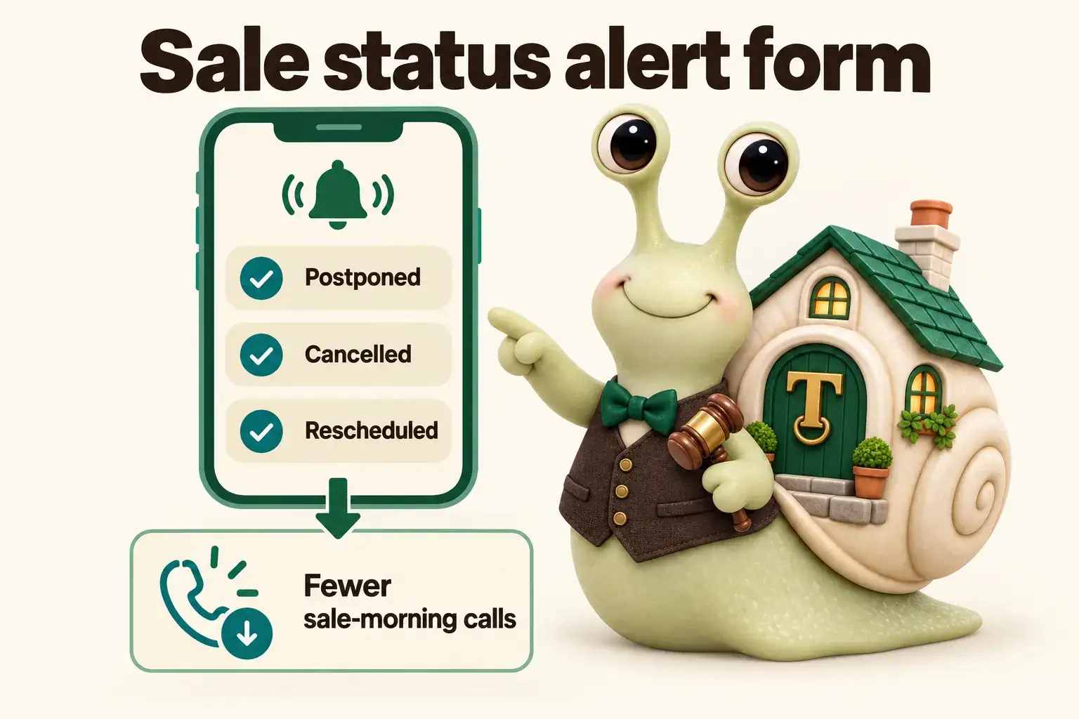 Infographic with Tuppence the snail, our mascot: Sale status alert form. Postponed; Cancelled; Rescheduled; Fewer sale-morning calls.