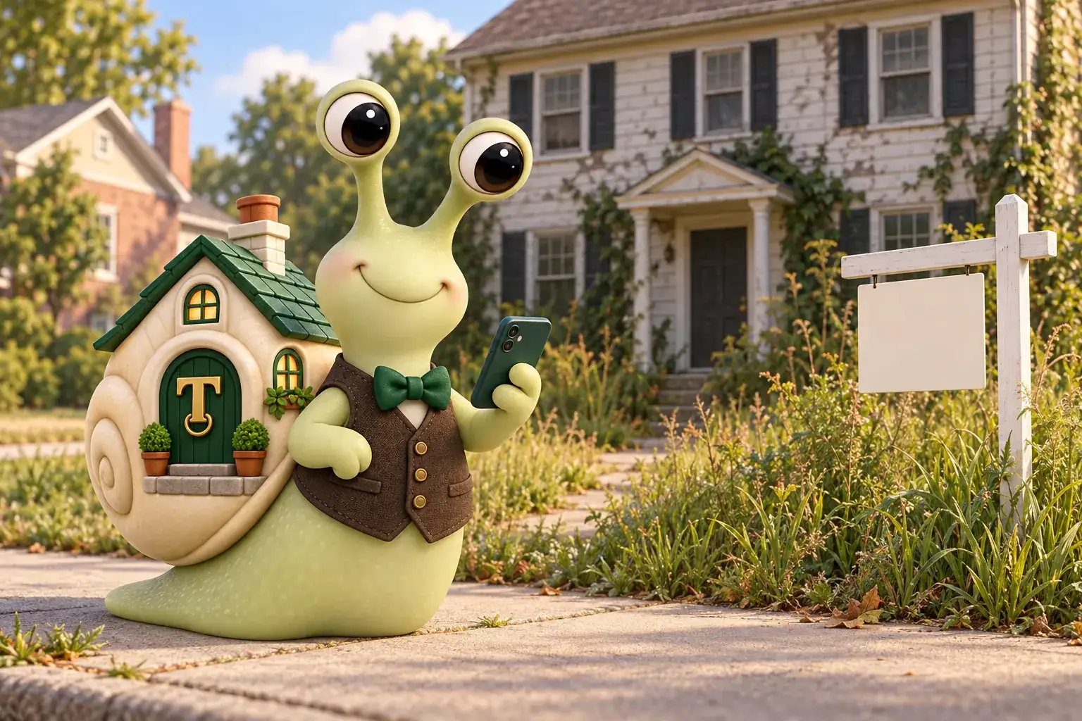 Tuppence the snail, our mascot, on the sidewalk in front of a vacant two-story colonial house, checking a phone.