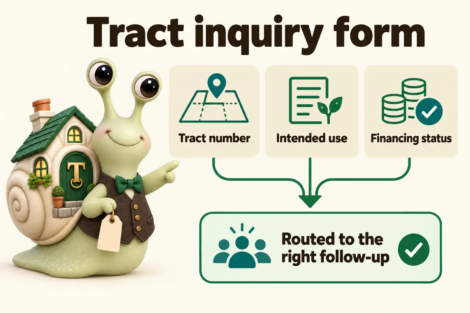 Infographic with Tuppence the snail, our mascot: Tract inquiry form. Tract number; Intended use; Financing status; Routed to the right follow-up.