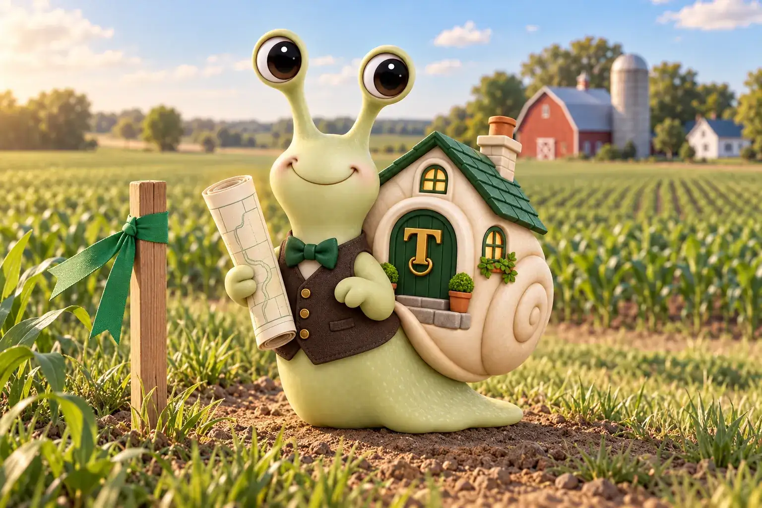 Tuppence the snail, our mascot, beside a survey stake at the edge of a farm field with a red barn and silo behind, holding a rolled tract map.