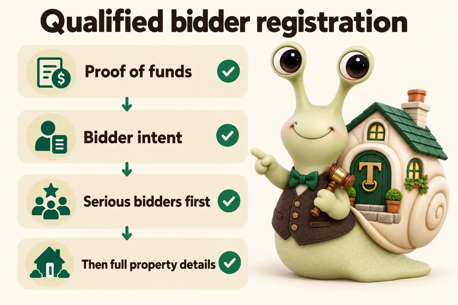 Infographic with Tuppence the snail, our mascot: Qualified bidder registration. Proof of funds; Bidder intent; Serious bidders first; Then full property details.