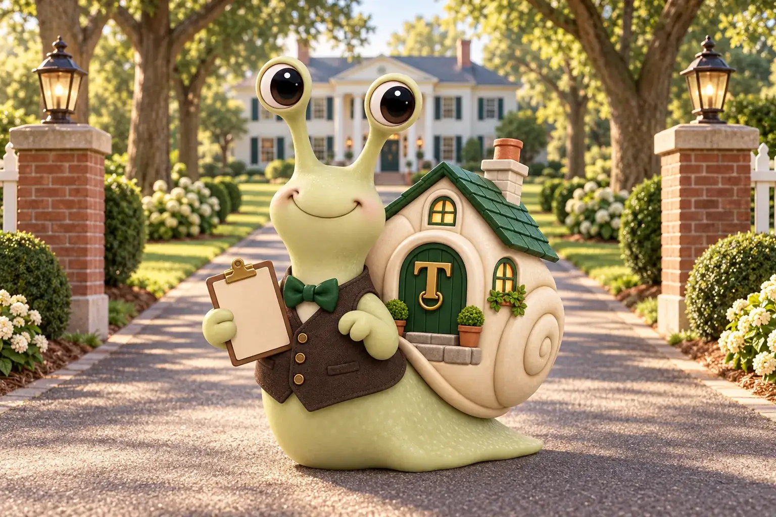 Tuppence the snail, our mascot, at the foot of a tree-lined drive to a grand columned estate house, holding a registration clipboard.
