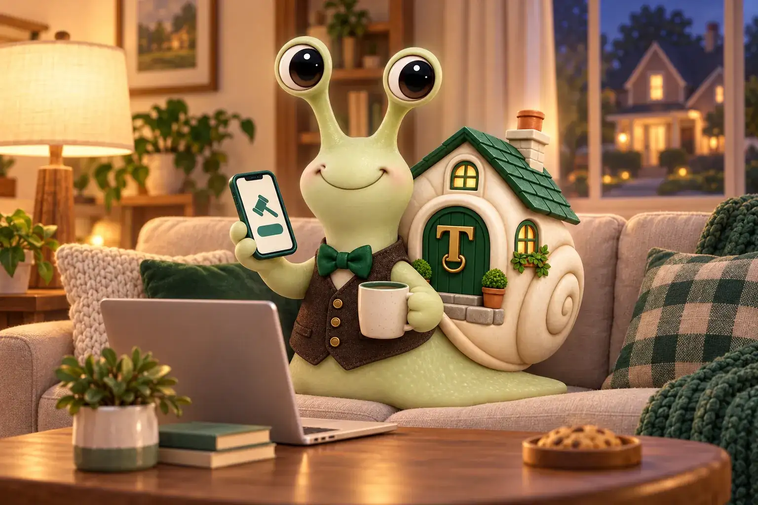 Tuppence the snail, our mascot, on a sofa in the evening holding a phone, a laptop and a mug on the coffee table.