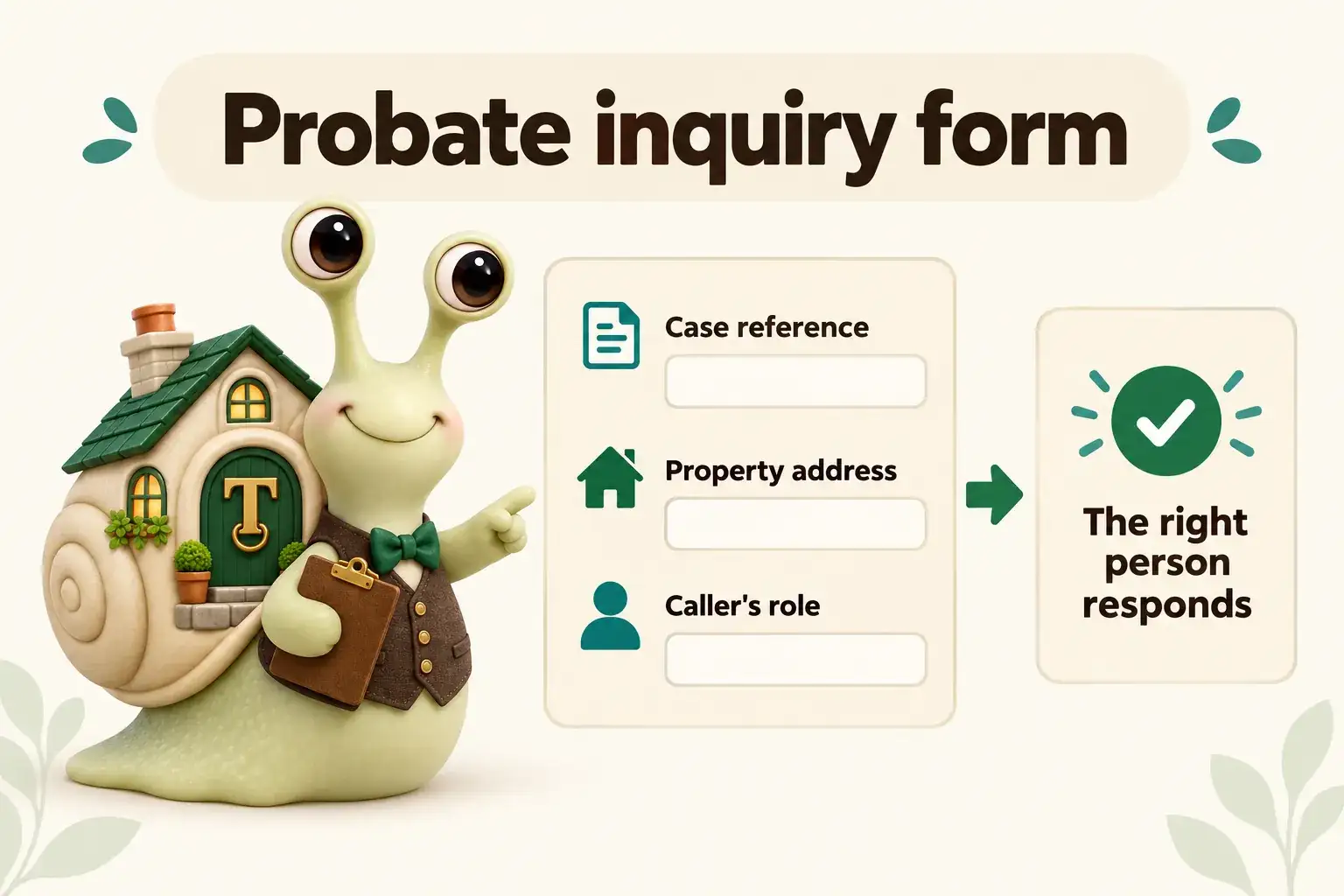 Infographic with Tuppence the snail, our mascot: Probate inquiry form. Case reference; Property address; Caller's role; The right person responds.