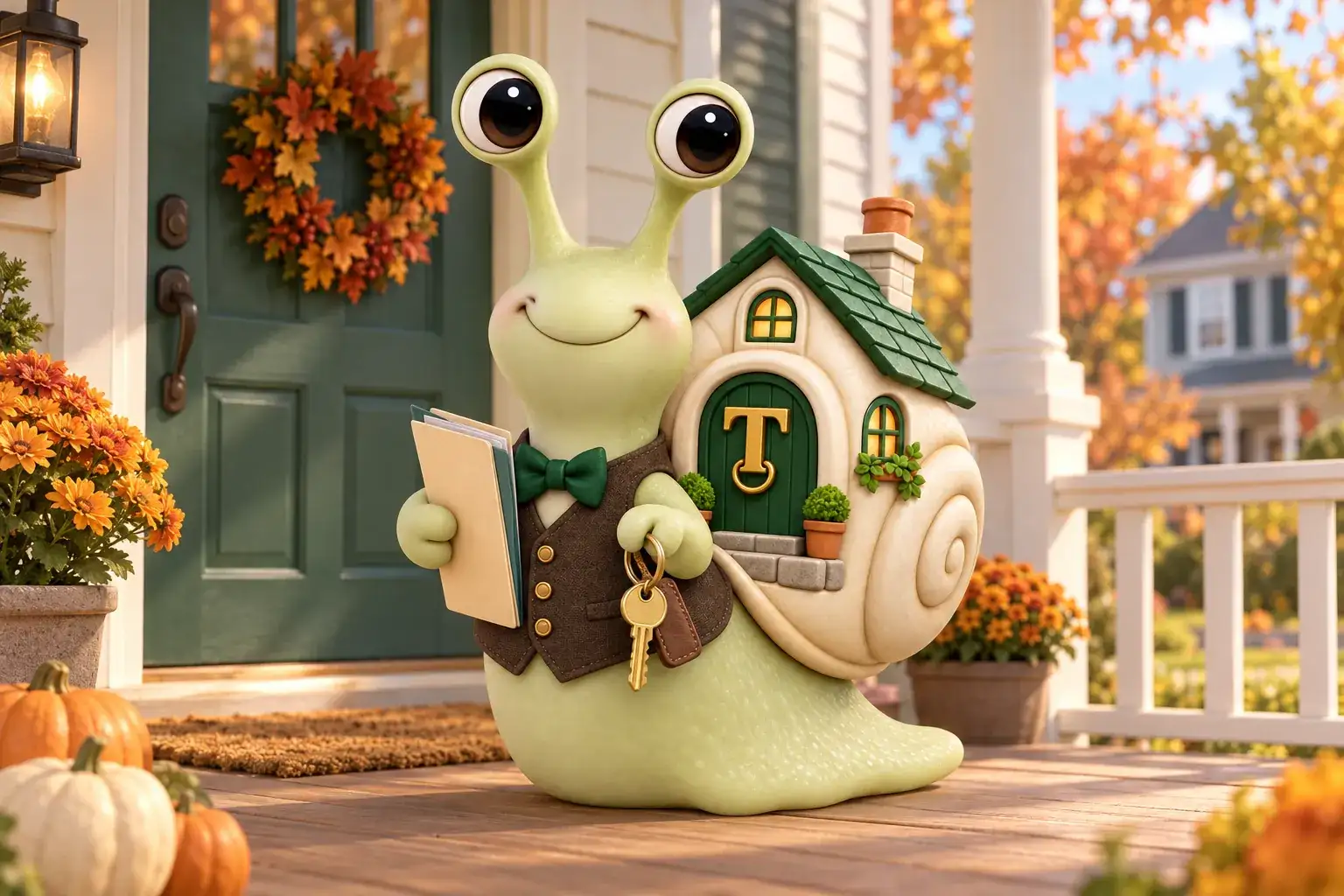 Tuppence the snail, our mascot, on the front porch of a quiet clapboard house, holding a folder of papers and a house key.