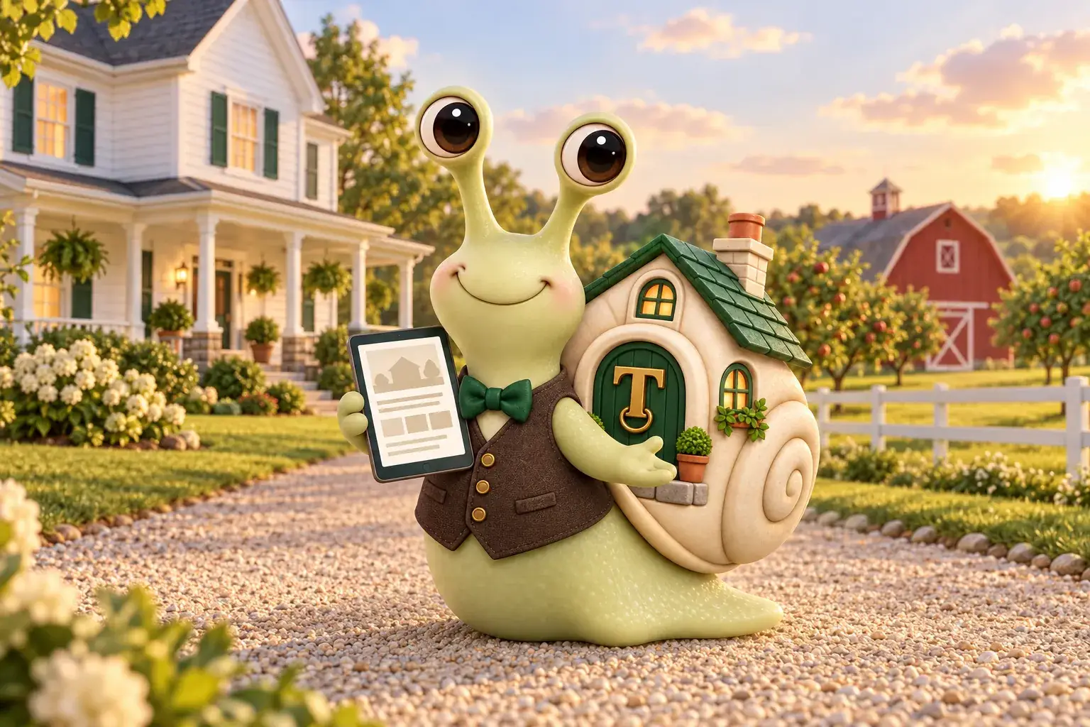 Tuppence the snail, our mascot, on the drive of a white farmhouse with a red barn and orchard, presenting the property and holding a tablet with a lot page.