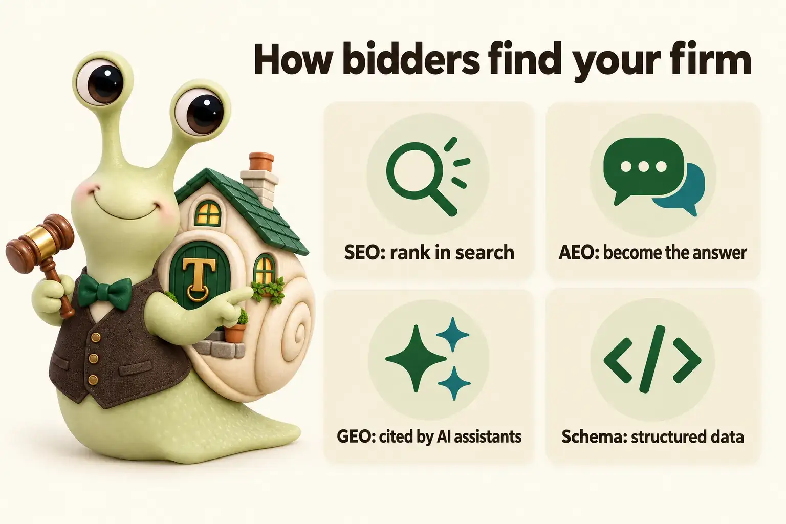 Infographic with Tuppence the snail, our mascot: How bidders find your firm. SEO: rank in search; AEO: become the answer; GEO: cited by AI assistants; Schema: structured data.