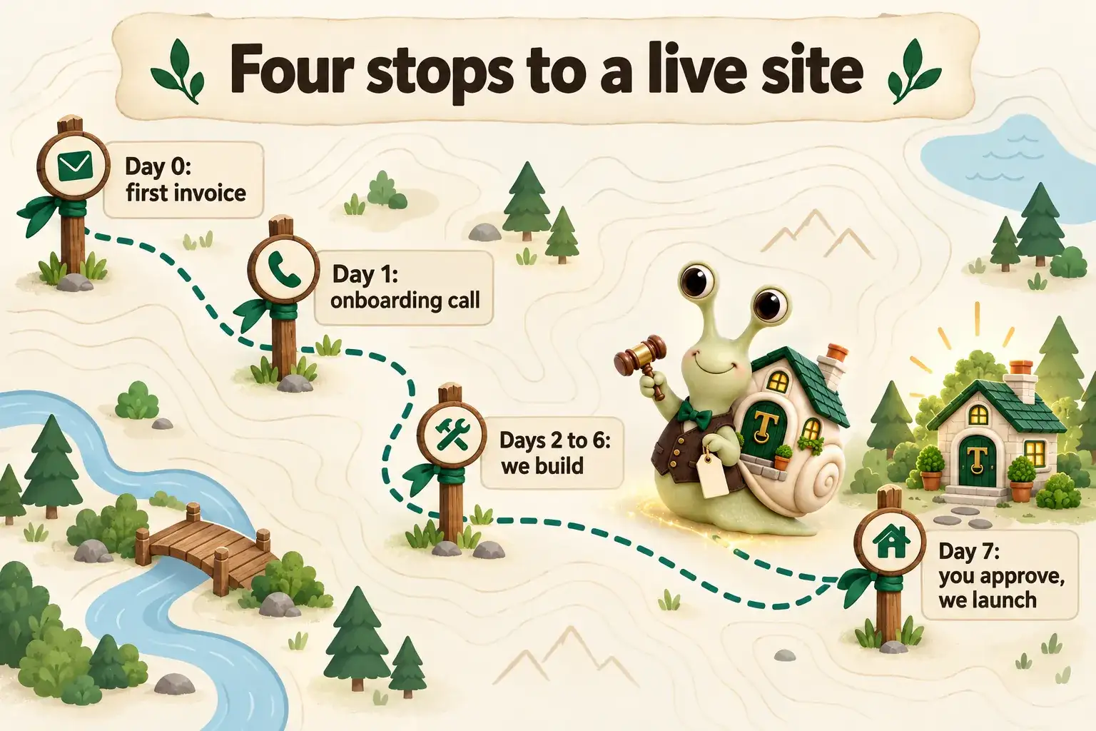 Infographic with Tuppence the snail, our mascot: Four stops to a live site. Day 0: first invoice; Day 1: onboarding call; Days 2 to 6: we build; Day 7: you approve, we launch.