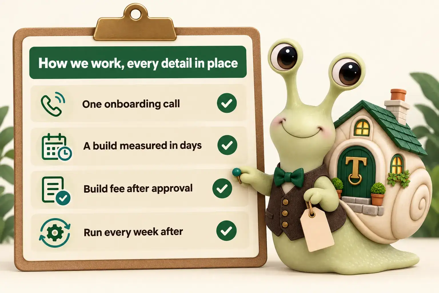 Infographic with Tuppence the snail, our mascot: How we work, every detail in place. One onboarding call; A build measured in days; Build fee after approval; Run every week after.