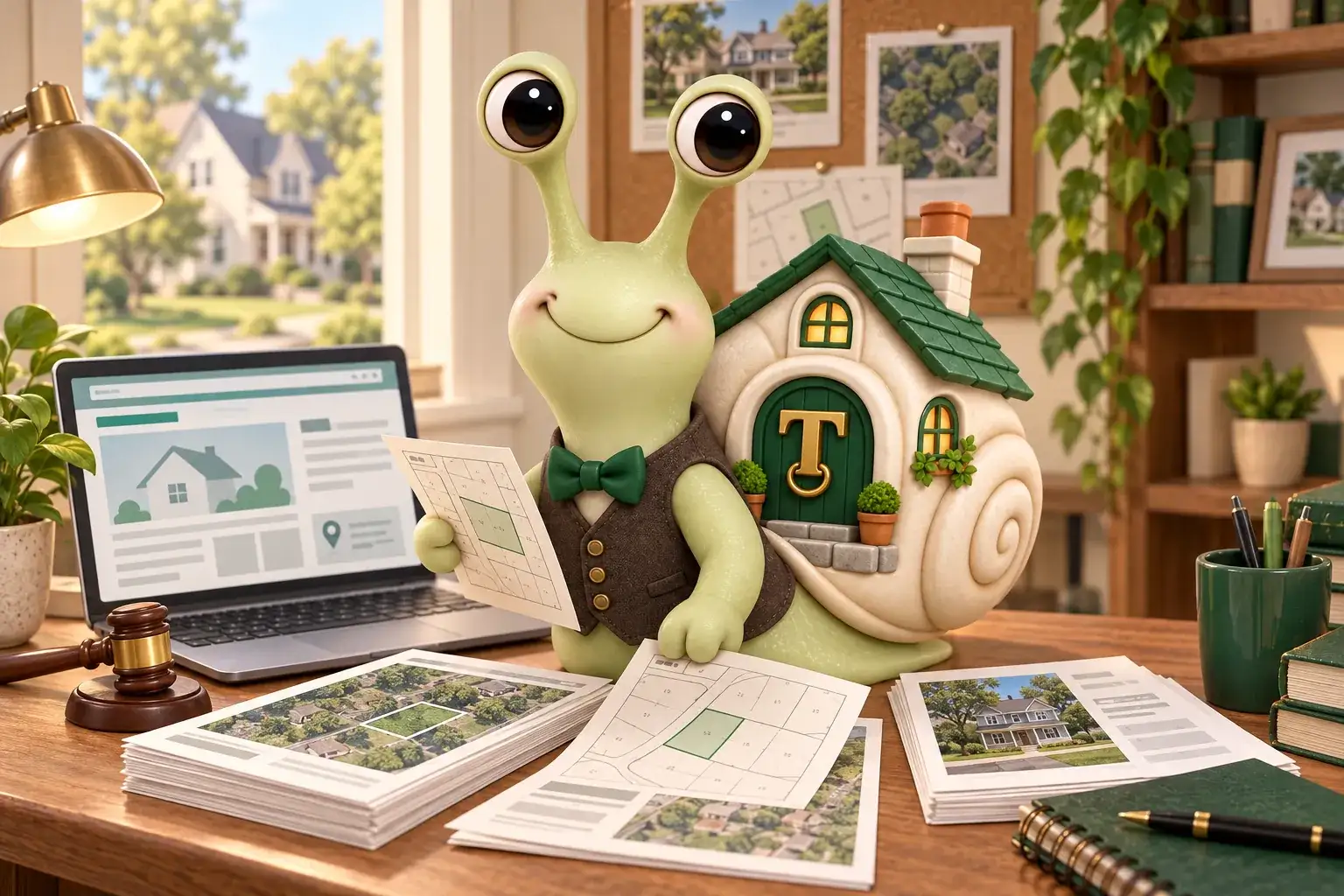 Tuppence the snail, our mascot, at a studio workbench arranging property lot sheets and county page printouts around an open laptop.