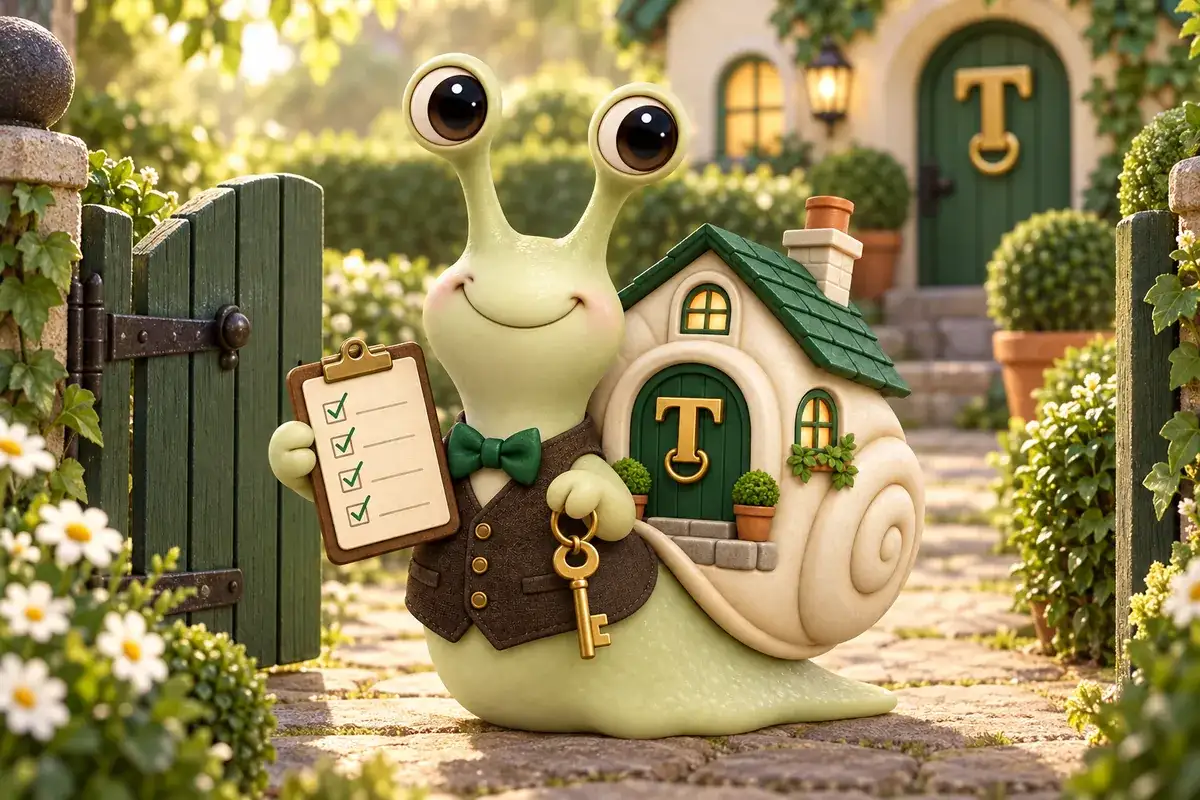 Tuppence the snail, our mascot, holding a checklist and a house key at a garden gate.