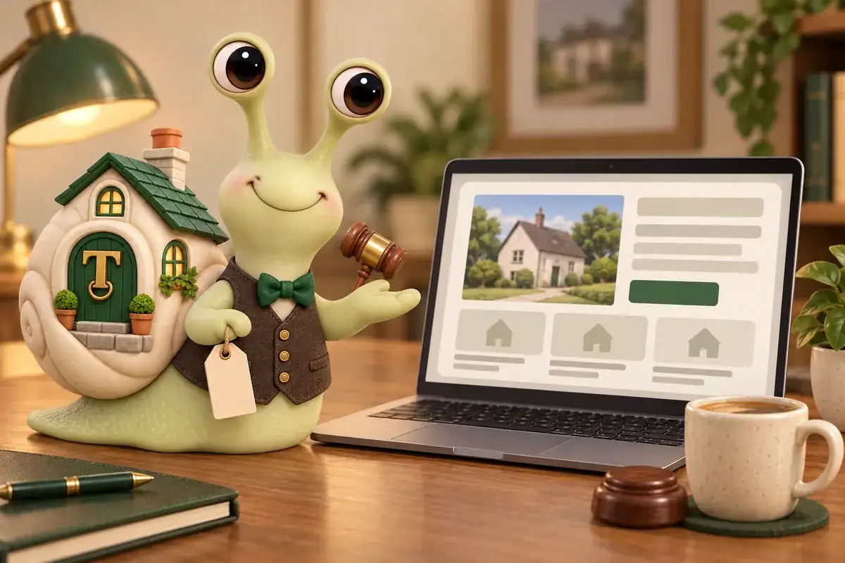 Tuppence the snail, our mascot, presenting a laptop that shows a property lot page.