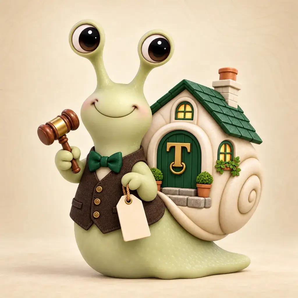 Tuppence the snail, our mascot, holding a small gavel and a blank sold tag, its house-shaped shell behind it.