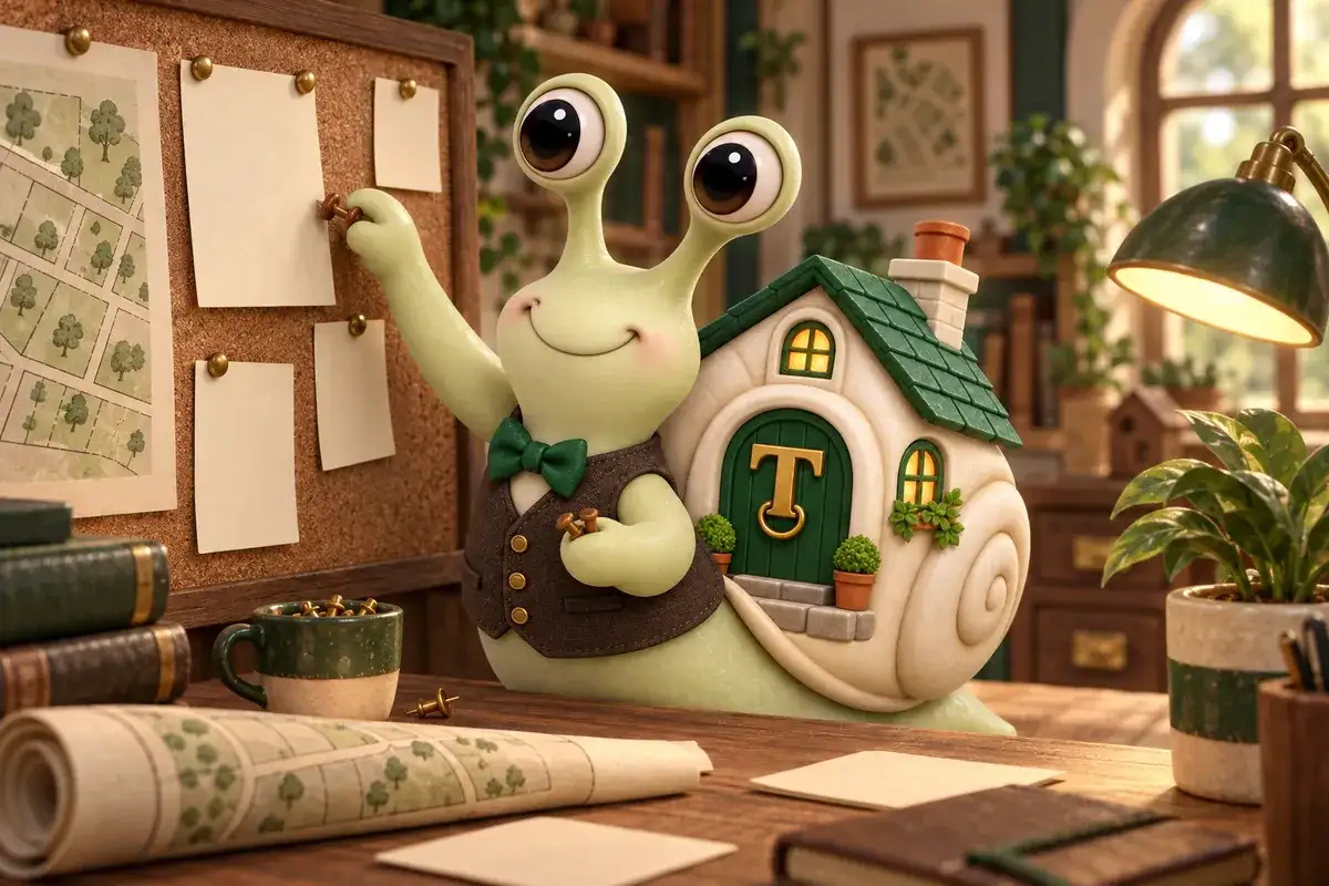 Tuppence the snail, our mascot, pinning property lot sheets to a board in a small studio.