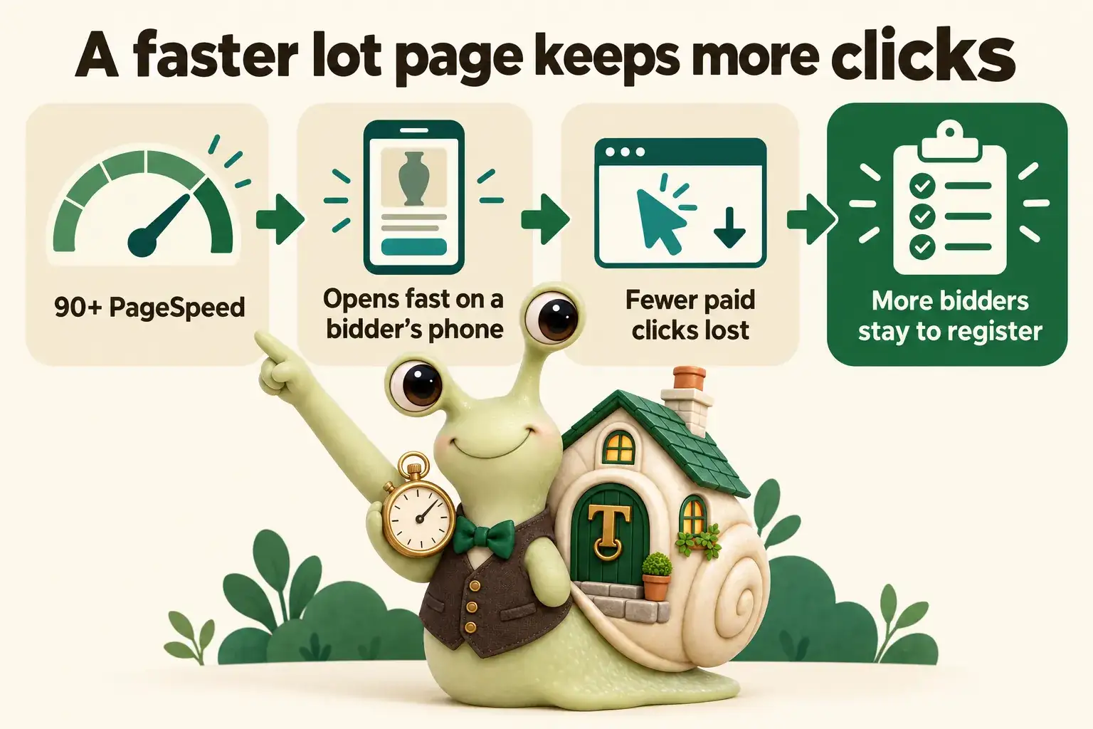 Infographic with Tuppence the snail, our mascot: A faster lot page keeps more clicks. 90+ PageSpeed; Opens fast on a bidder's phone; Fewer paid clicks lost; More bidders stay to register.