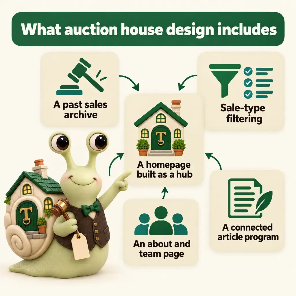 Infographic with Tuppence the snail, our mascot: What auction house design includes. A homepage built as a hub; A past sales archive; Sale-type filtering; An about and team page; A connected article program.