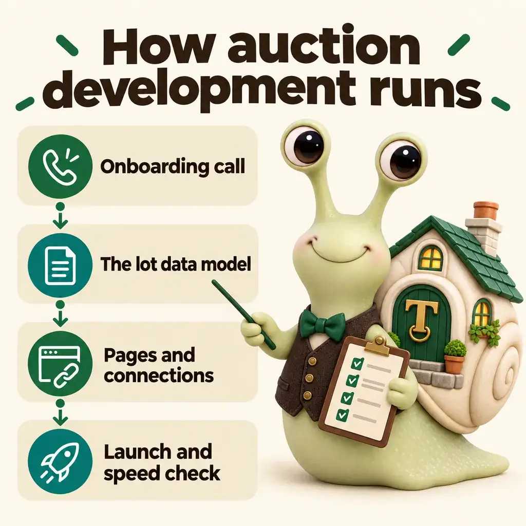 Infographic with Tuppence the snail, our mascot: How auction development runs. Onboarding call; The lot data model; Pages and connections; Launch and speed check.