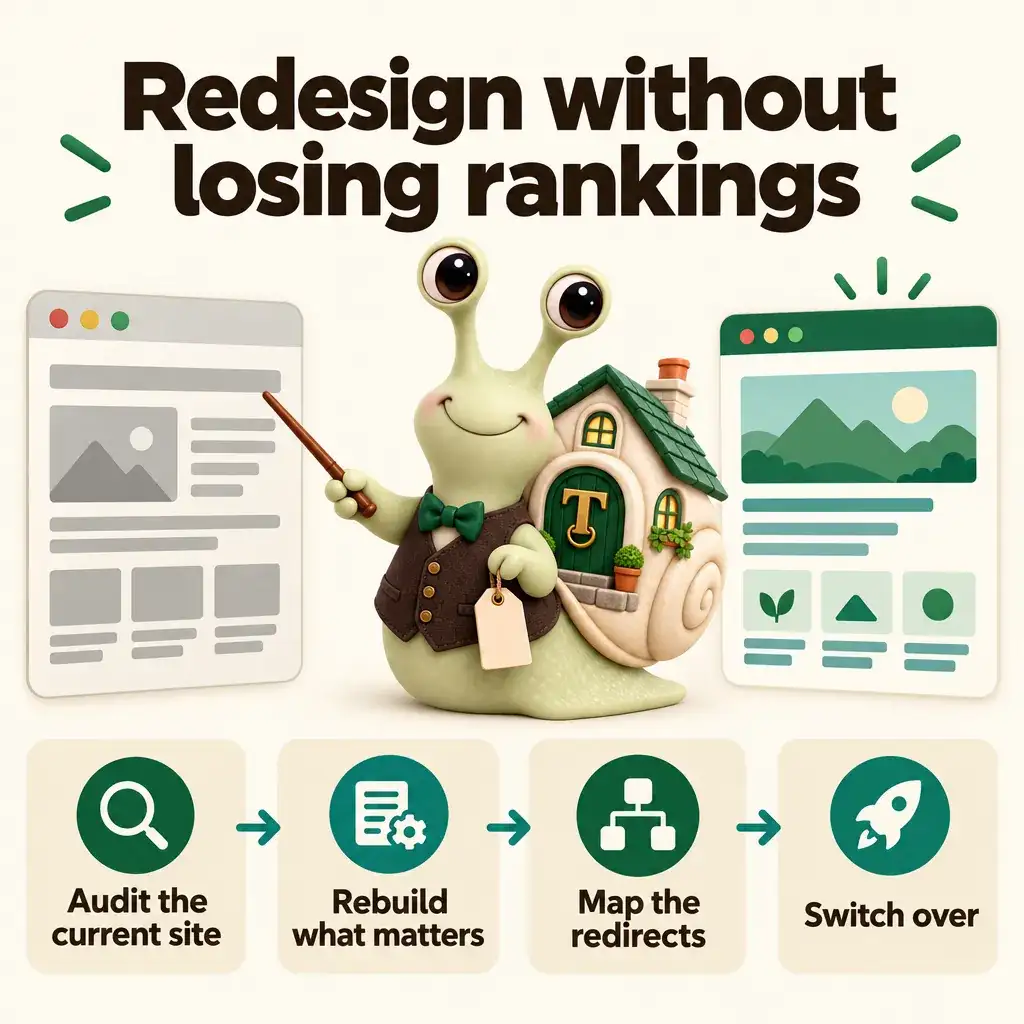 Infographic with Tuppence the snail, our mascot: Redesign without losing rankings. Audit the current site; Rebuild what matters; Map the redirects; Switch over.