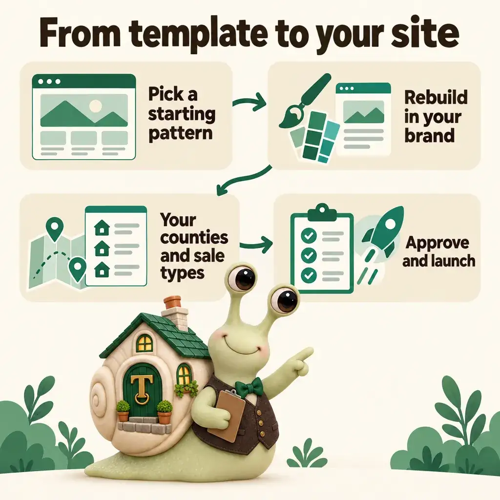 Infographic with Tuppence the snail, our mascot: From template to your site. Pick a starting pattern; Rebuild in your brand; Your counties and sale types; Approve and launch.