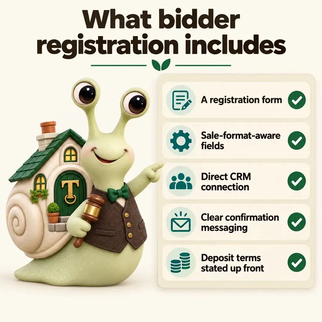 Infographic with Tuppence the snail, our mascot: What bidder registration includes. A registration form; Sale-format-aware fields; Direct CRM connection; Clear confirmation messaging; Deposit terms stated up front.