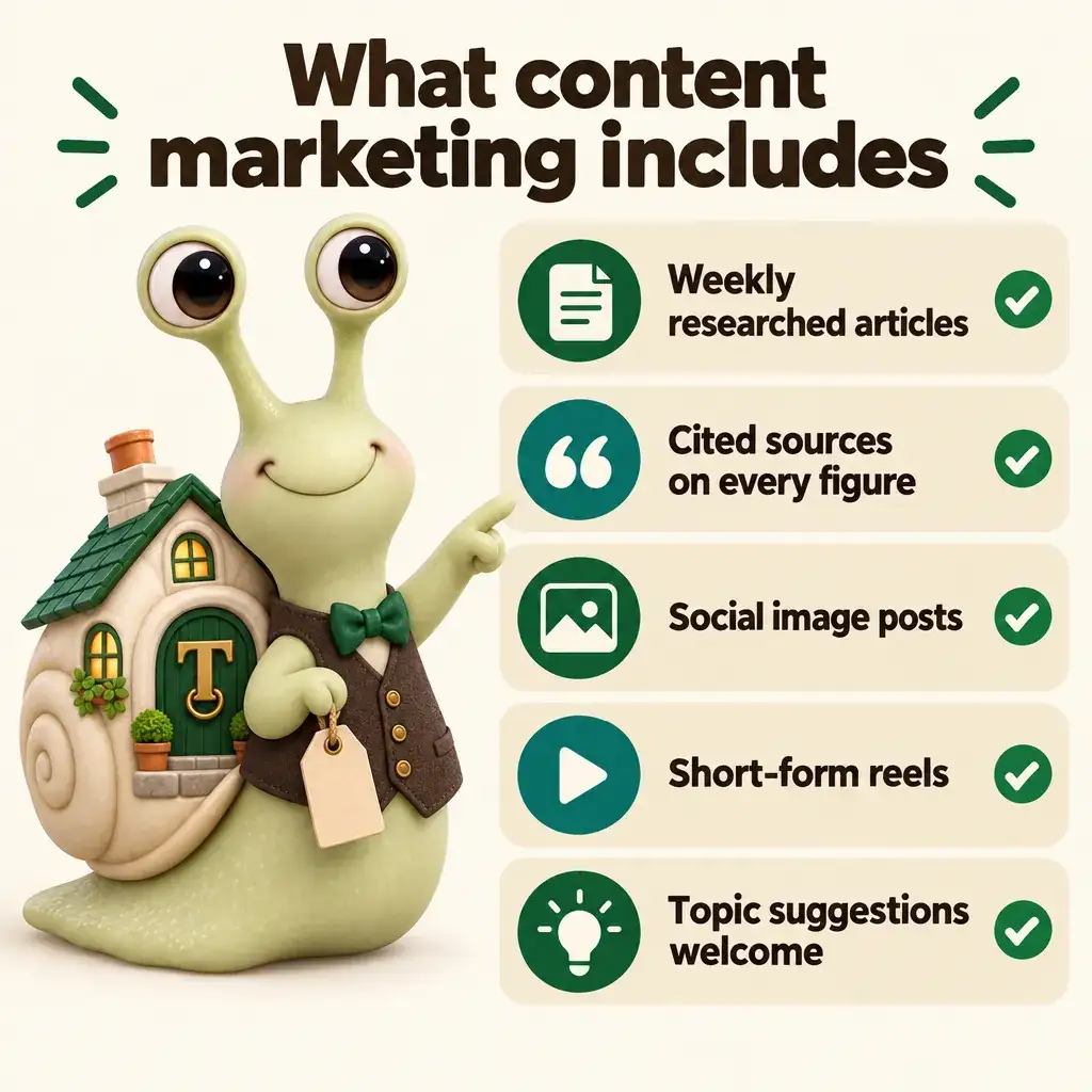Infographic with Tuppence the snail, our mascot: What content marketing includes. Weekly researched articles; Cited sources on every figure; Social image posts; Short-form reels; Topic suggestions welcome.