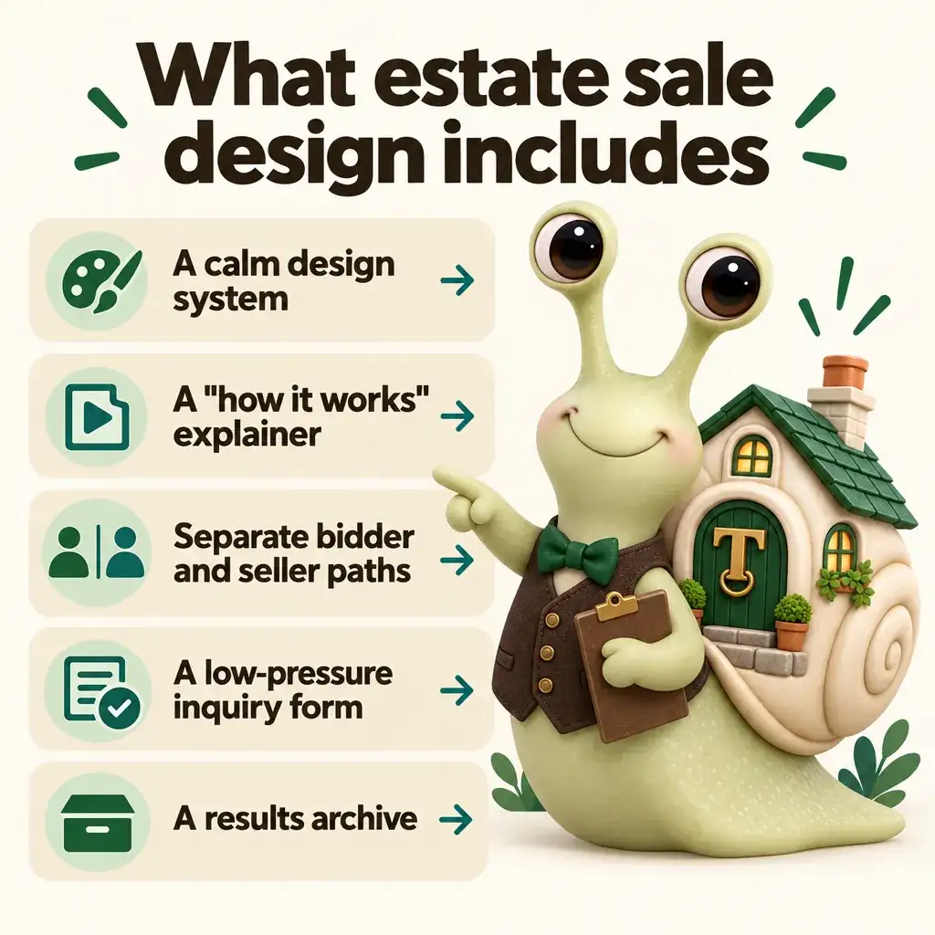 Infographic with Tuppence the snail, our mascot: What estate sale design includes. A calm design system; A "how it works" explainer; Separate bidder and seller paths; A low-pressure inquiry form; A results archive.
