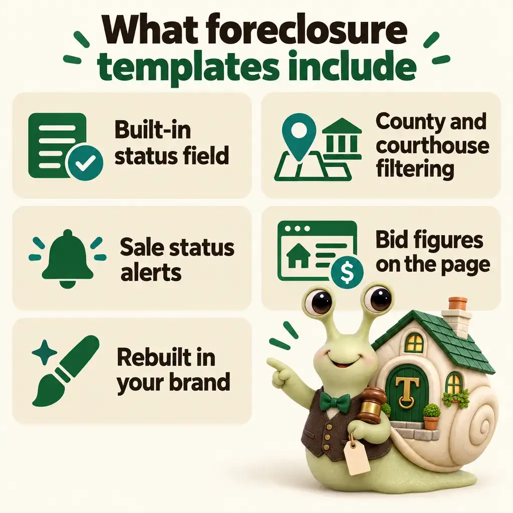 Infographic with Tuppence the snail, our mascot: What foreclosure templates include. Built-in status field; County and courthouse filtering; Sale status alerts; Bid figures on the page; Rebuilt in your brand.
