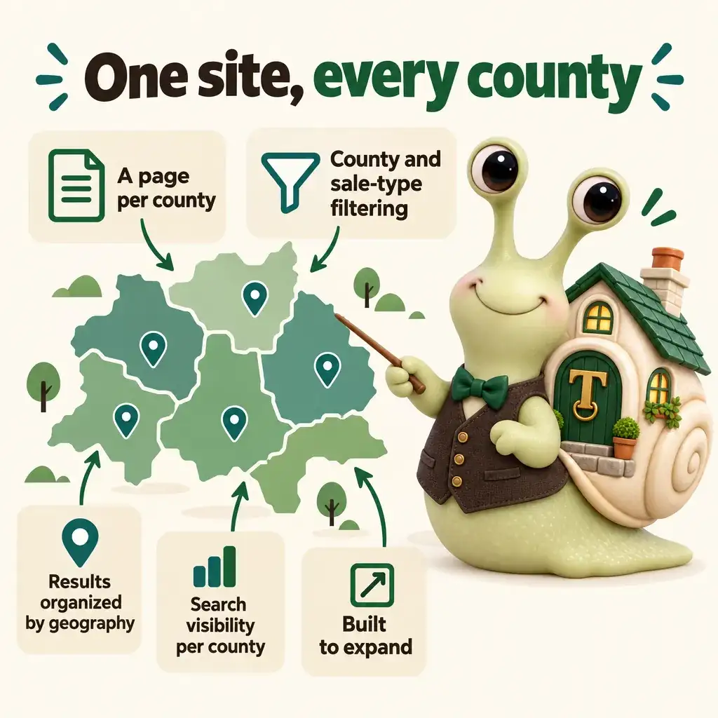 Infographic with Tuppence the snail, our mascot: One site, every county. A page per county; County and sale-type filtering; Results organized by geography; Search visibility per county; Built to expand.
