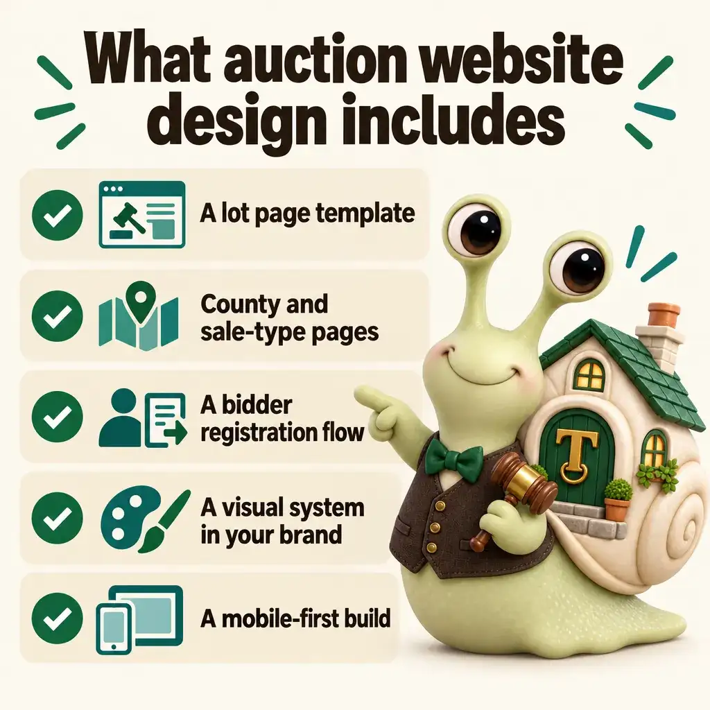 Infographic with Tuppence the snail, our mascot: What auction website design includes. A lot page template; County and sale-type pages; A bidder registration flow; A visual system in your brand; A mobile-first build.
