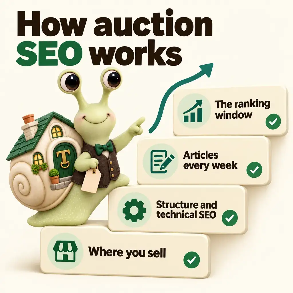 Infographic with Tuppence the snail, our mascot: How auction SEO works. Where you sell; Structure and technical SEO; Articles every week; The ranking window.