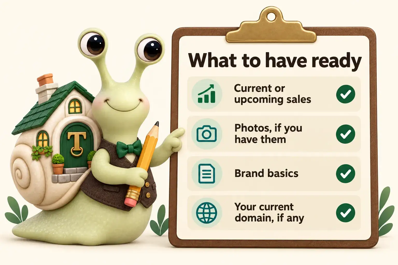 Infographic with Tuppence the snail, our mascot: What to have ready. Current or upcoming sales; Photos, if you have them; Brand basics; Your current domain, if any.